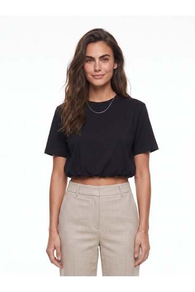 Juuuj Black Viscose Blended Crew Neck Short Sleeve Elastic Waist Balloon Form...