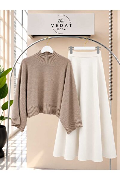 MODA VEDAT Γυναικεία Πλεκτή Μπλούζα Oversize - Σετ με Φούστα Puff Scuba -0500