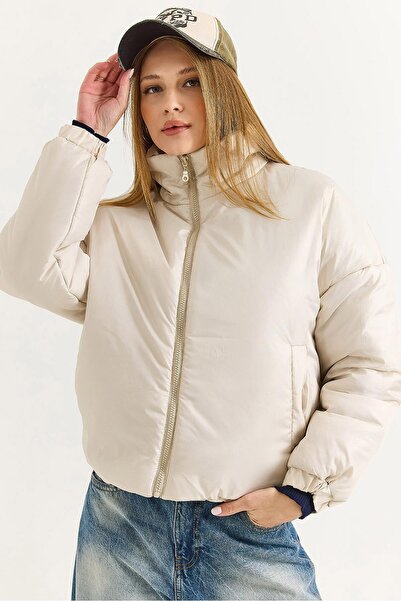 Juuuj Beige Woven Fabric Stand Collar Drop Shoulder Relaxed Fit Inflatable Sh...