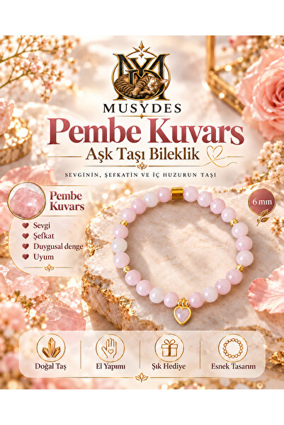 Aşk Taşı Pembe Kuvars Bileklik Doğal Taş Bileklik 6mm