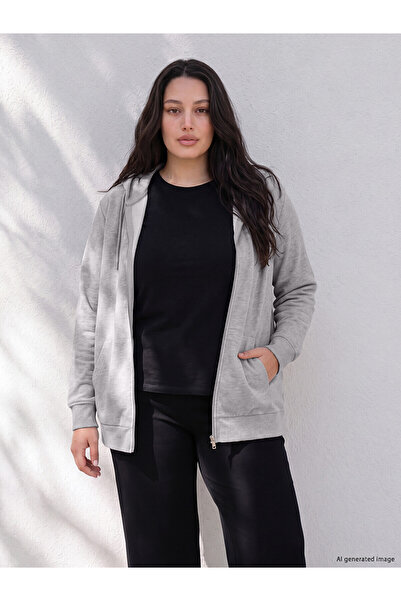 LC Waikiki Nevavm Lcw Curve Gray Plain Loose & Baggy Women's Zipper Sweatshirt