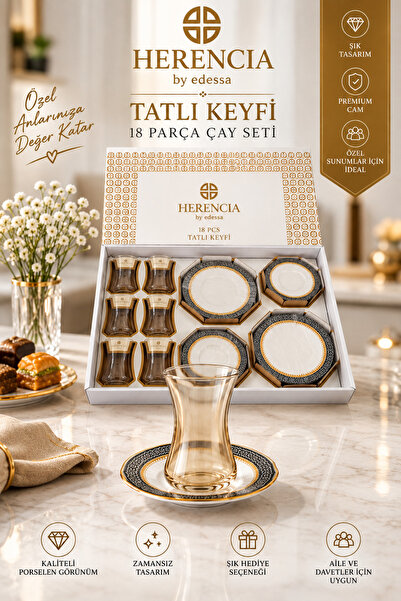 benystore 18 Parça 6 Kişilik Gold Detaylı Desenli Çay ve Tatlı Seti – 6 Çay B...