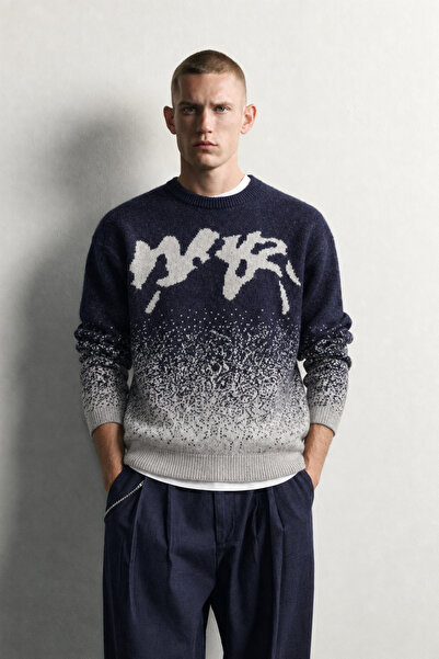 king brich Men's Oversize Patterned Crew Neck Wool Knit Sweater