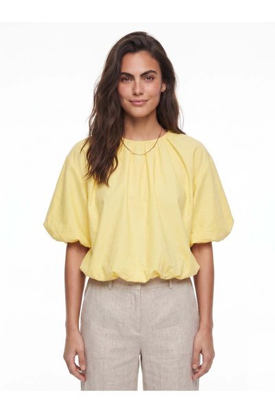 Generic Brand Bluză din poplin galben din bumbac, cu șnur, decolteu tip crew, croială lejeră, cu mâneci bufante