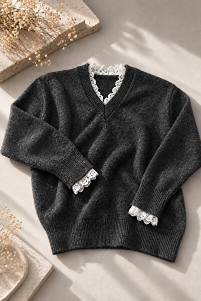 Juuuj Anthracite Wool Blend Knitwear Textured V-Neck Long Sleeve Knitted Swea...