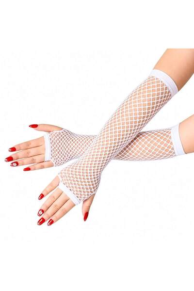 inci tasarım45 80S 90S Retro White Mesh Fingerless Gloves 26 cm