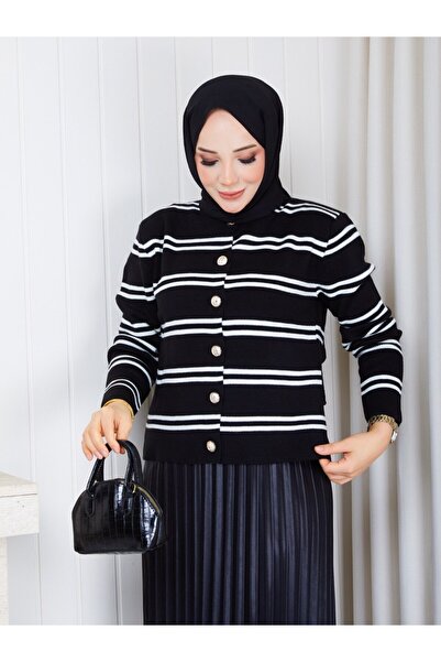 REMA BUTİK Women's Striped Terry Cardigan - Pleated Leather-Like Skirt Dual Combination