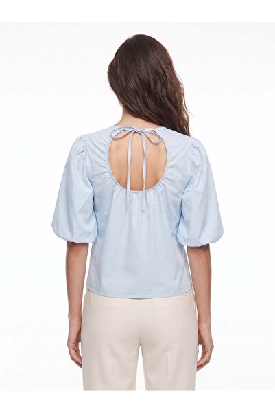 Juuuj Light Blue Cotton Crew Neck Balloon Sleeve Comfortable Fit Backless Blo...