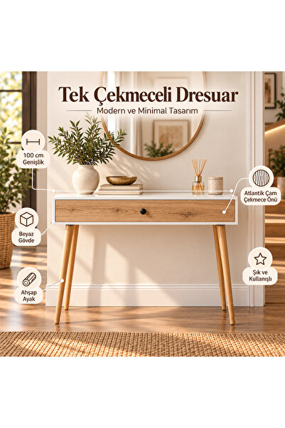 ALFA MİRO Erva 100 cm Tek Kapaklı Ahşap Ayaklı Dresuar /Beyaz - Atlantik Çam