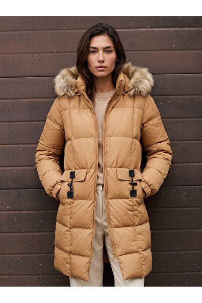 Juuuj Mink Hooded Comfortable Fit Long Pocketed Zippered Fur-Capped Inflatabl...