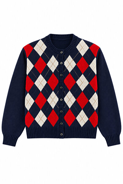 Juuuj Navy Blue Knitwear Textured Crew Neck Vintage Diamond Patterned Front B...