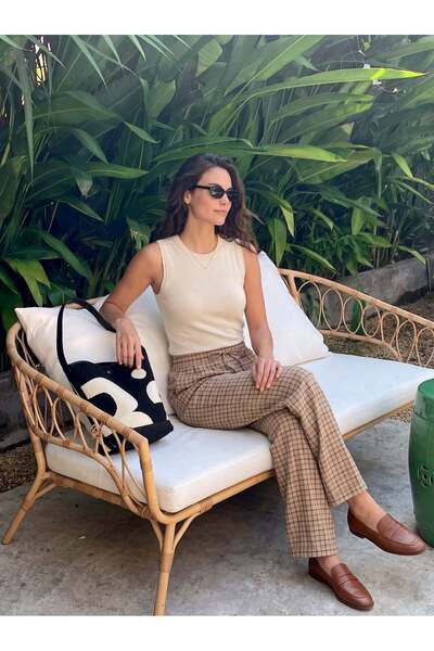 Juuuj Beige Lightly Draped Fabric Trousers with Elastic Waist and Ties, Wide ...