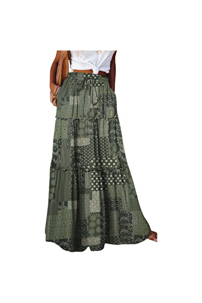 OtherMax Fustă Maxi de Damă Boho Talie Înaltă A-line Evazată Verde XL — fustă...