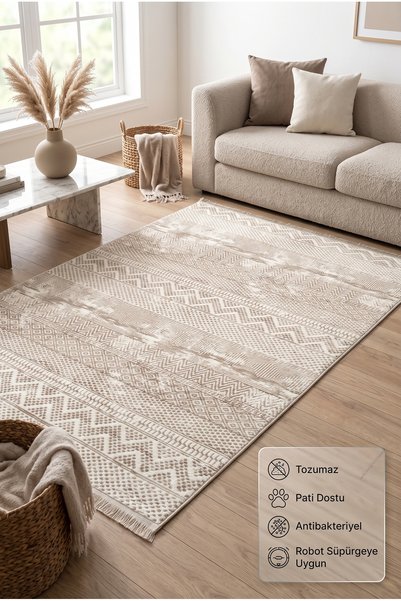 BESEV HOME CONCEPT Bej Bohem Tarz Mutfak Koridor ve Salon Halısı, Saçaklı Ant...