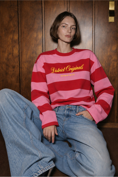 Mixray 2260 Kadın Retro Çizgili District Originals Baskı Sweatshirt Pembe