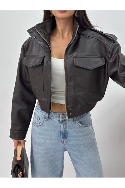 MODA DURAĞI ΓΥΝΑΙΚΕΙΟ ΚΑΦΕ ΔΕΡΜΑΤΙΝΟ ΜΠΟΥΦΑΝ ΤΥΠΟΥ BOMBER ΜΕ ΕΦΕΦΤΙ ΚΑΦΕ ΑΠΟΧ...