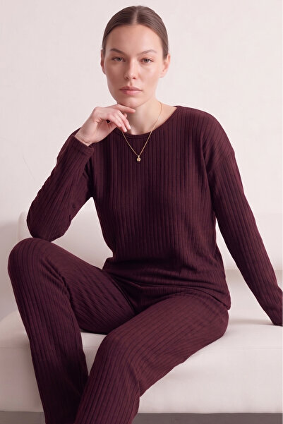 Farya Home Pamuklu Şeritli Kışlık Yumuşak Tuşe İnterlok Örme Pijama Takımı