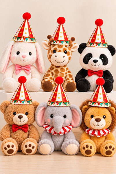 GREATOY Mini Peluş Parti Şapkası 6'lı Sirk Temalı Set Ponponlu Renkli Doğum G...