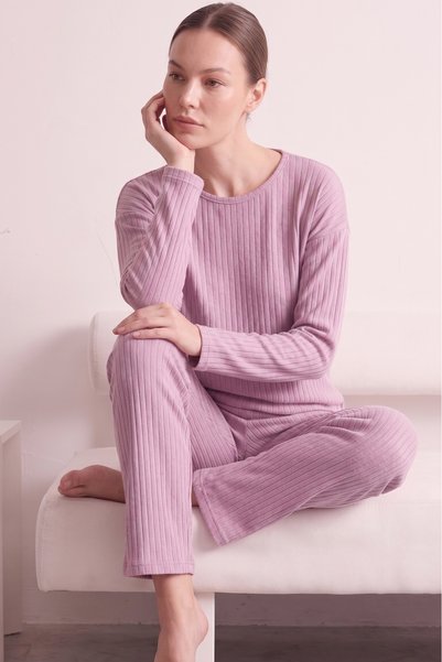 Farya Home Pamuklu Şeritli Kışlık Yumuşak Tuşe İnterlok Örme Pijama Takımı