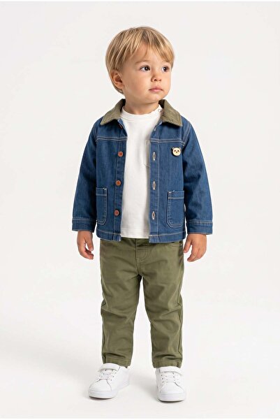 Minipomes Baby Boy Cool Way Denim Jacket and Trousers Set Khaki