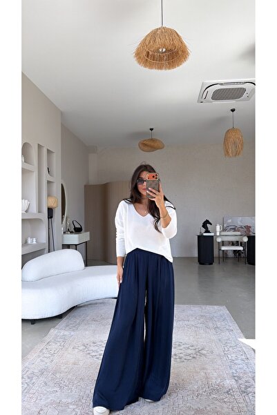 Buket Teke Navy Blue Thin Satin Zr Model Draped Tiril Pants