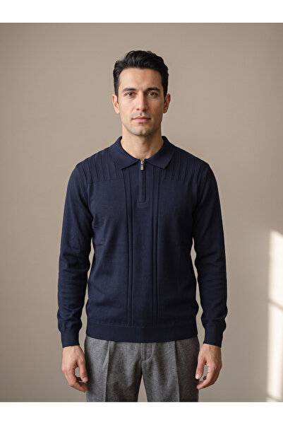Maccali Men's Striped Patterned Regular Fit Navy Blue Sweater