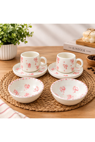 kübrart seramik Kase li 2 li fincan takımı fiyonk desen
