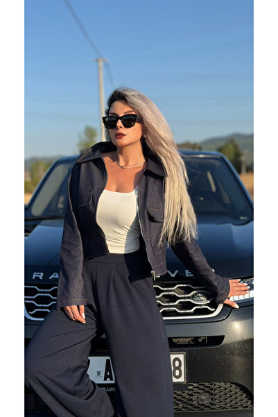 Koyu Lacivert Oversize Çift Cepli Likralı Kot Ceket