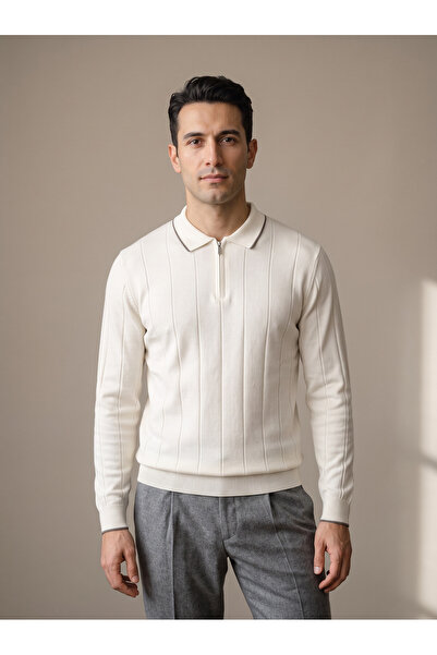Maccali Men's Casual Relaxed Knitted Patterned White Sweater