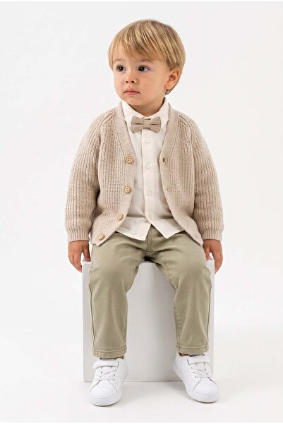 Minipomes Baby Boy Cardigan Pants Shirt Set Khaki