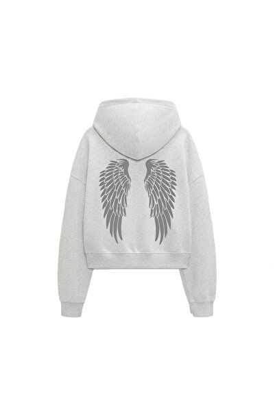 WHITE OF CREATIVE Kadın Sırt Melek Kanatları Baskılı Oversize 3 İplik Kapüşon...