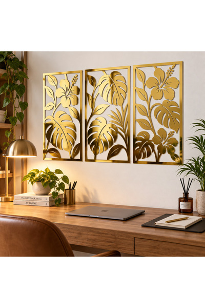 NOOT Set 3 decorațiuni de perete Eleganță Tropicală – Plexiglas Oglindă Auriu...