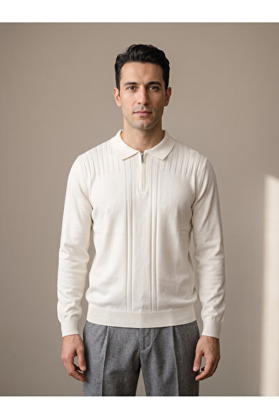 Maccali Men's Striped Patterned Regular Fit White Sweater