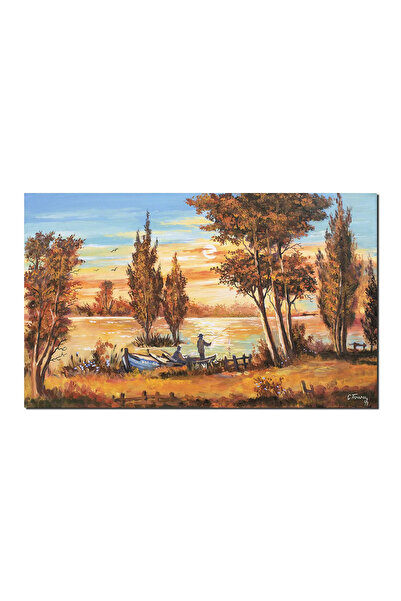artnova Картина на пейзаж със залез с щастливи рибари, ръчно рисувана, 100x60...