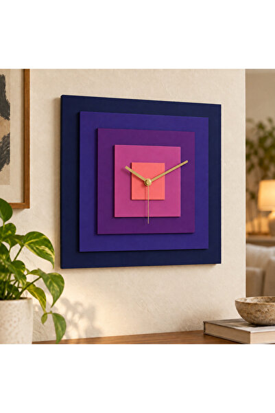 Modern Renkli Katmanlı Kare MDF Tasarım-Dekoratif Duvar Saati 30x30 cm