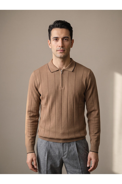 Maccali Men's Casual Relaxed Knitted Patterned Camel Sweater