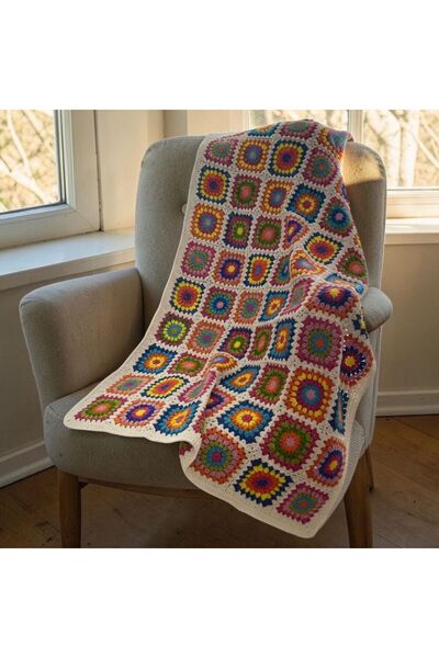 Crochet Bilgen El Örgüsü Motifli TV Battaniyesi 90x130 cm Renkli Granny Squar...