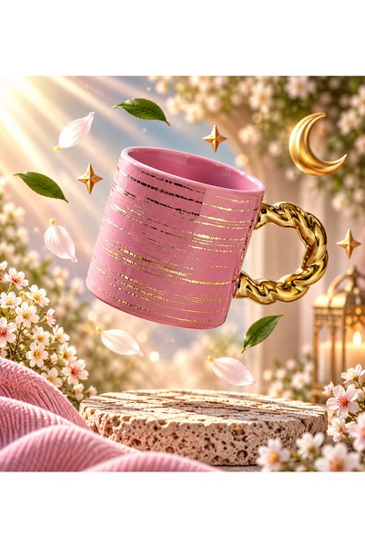 THIRTEEN SELECT Altın Detaylı 300 ML Porselen Kupa – Özel Burgu Kulp, Dekorat...