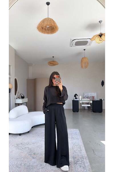Buket Teke Black Slim Satin Zr Model Draped Tiril Pants