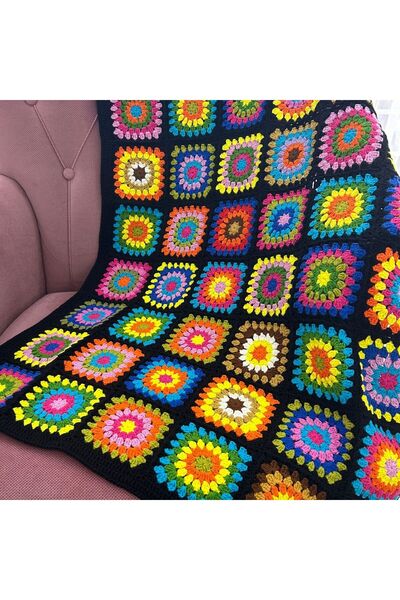 Crochet Bilgen El Örgüsü Motifli TV Battaniyesi 90x130 cm Renkli Granny Squar...