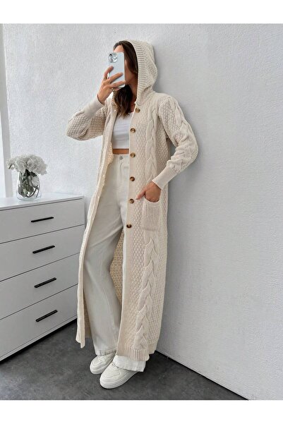 miss sadem Women's Ecru Knitted Cardigan with Hood and Buttons, Long Knitwear...