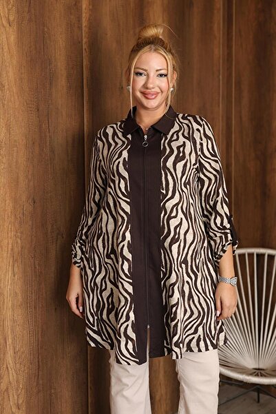 Siyezen Plus Size Zippered Patterned Tunic Cardigan