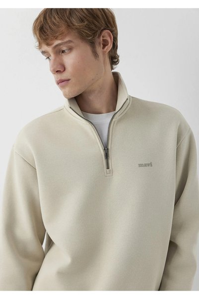Mavi M0S10585 Logo Baskılı Yarı Fermuarlı Sweatshirt Erkek Sweatshirt BEJ