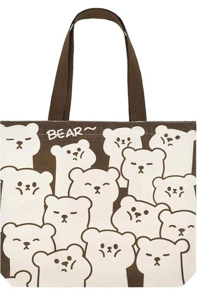 YRQX Bear Print Canvas Tote Bag With Zipper and Inner Pocket, Brown