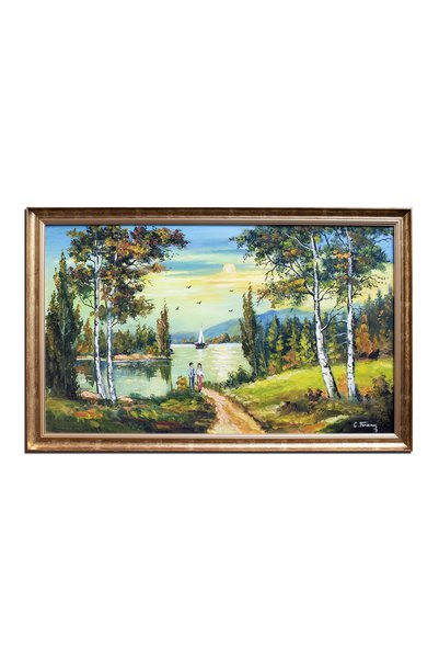 artnova Рамкирана картина, пейзаж със залез и влюбени, ръчно рисувана, Спомен...