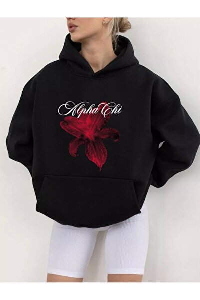 Minga London Μαύρο φούτερ με κουκούλα με στάμπα Alpha Chi σε μεγάλο μέγεθος