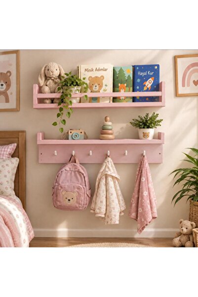 Yonga Sanat Atölyesi 50x10 cm İkili Montessori Ahşap Duvar Rafı, İsme Özel Ço...