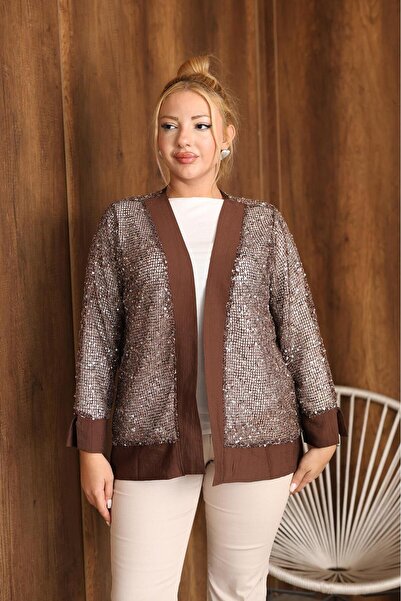 Siyezen Plus Size Sequin Embroidered Cardigan