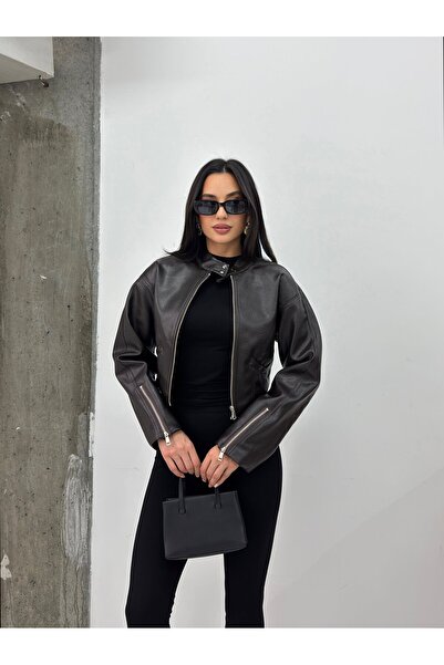 MODA DURAĞI Women's Brown Crop Synthetic Leather Jacket with Standing Collar ...