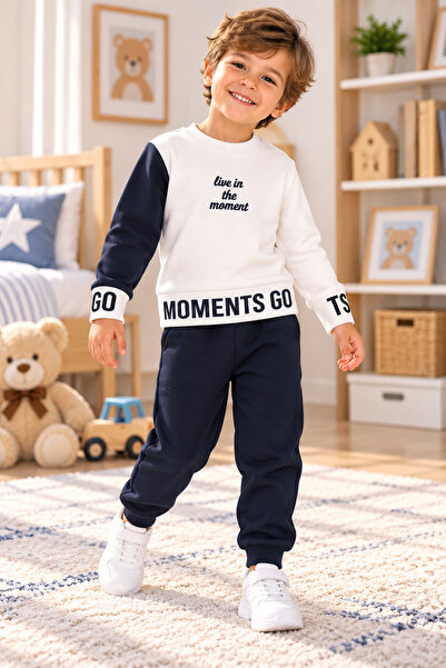 SERPİL Ss Gi̇yi̇m Boys' Navy Blue and White 2-Piece Tracksuit Set – Printed S...
